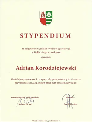 Dyplom OSKB 2018 - Stypendium adrian korodziejewski 2018