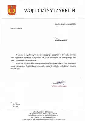 Dyplom OSKB 2018 - Z karol karczmarek stypendium 2018